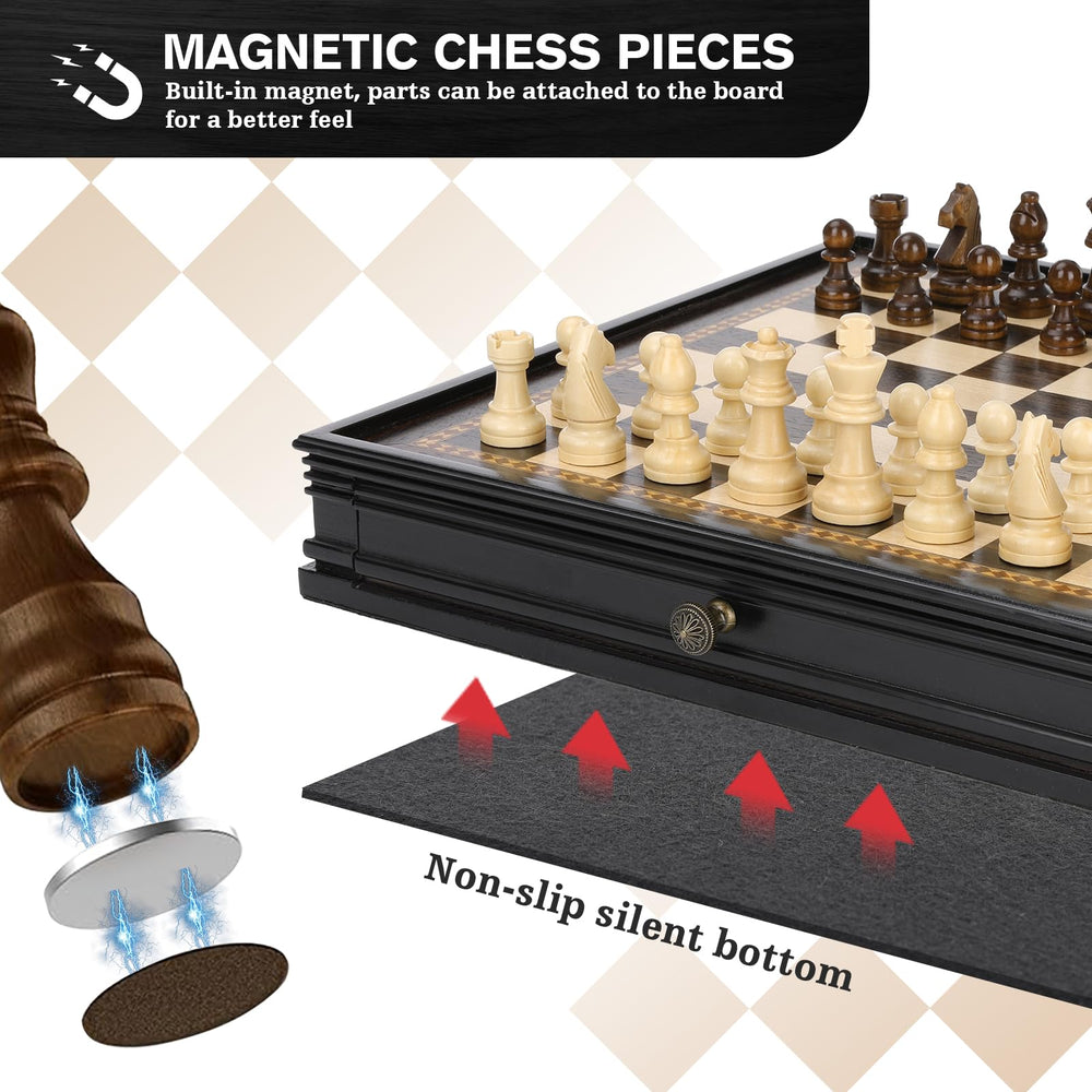 Walnut finish Peradix board designed for chess and checkers play.