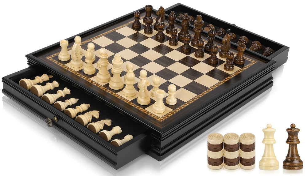 Walnut wood finish with sturdy magnets keeps pieces secure during travel.