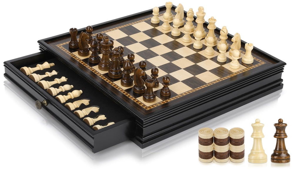 Peradix magnetic chess board with built-in drawers for organized pieces.