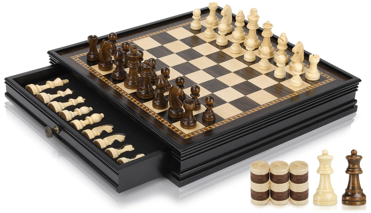Peradix magnetic chess board with built-in drawers for organized pieces.