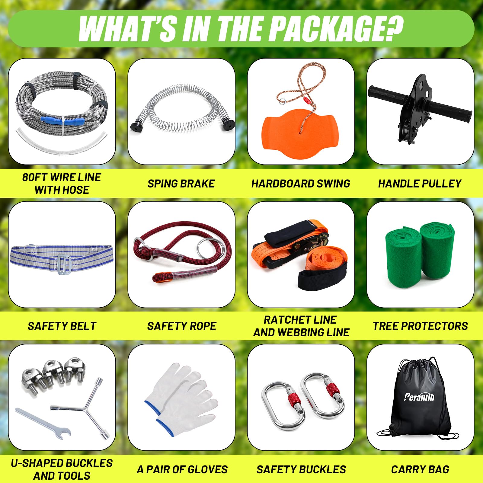 Perantlb 80ft cable zipline enables long, smooth rides.