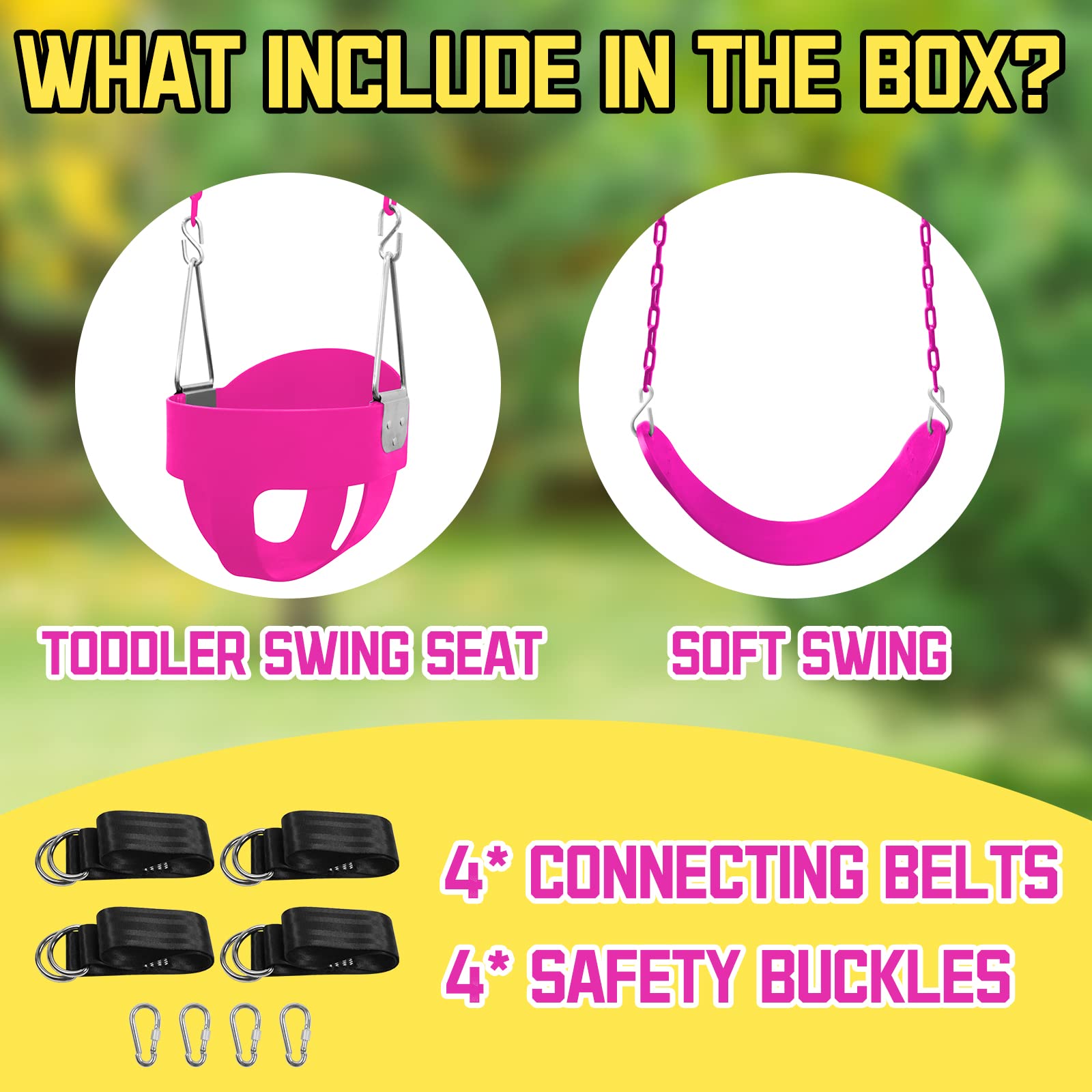 Perantlb swing set shows four hanging straps for secure installation