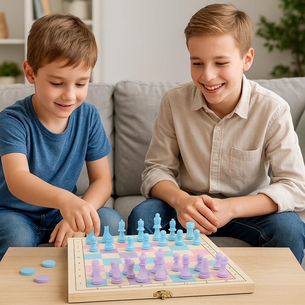 Travel-ready 2-in-1 board folds with all pieces inside