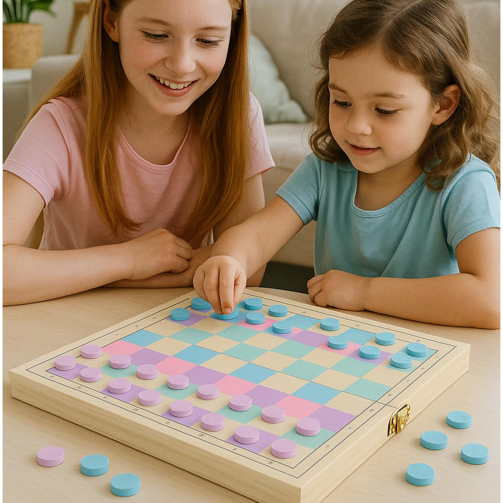 Wooden chess pieces in bright colors for beginners and kids