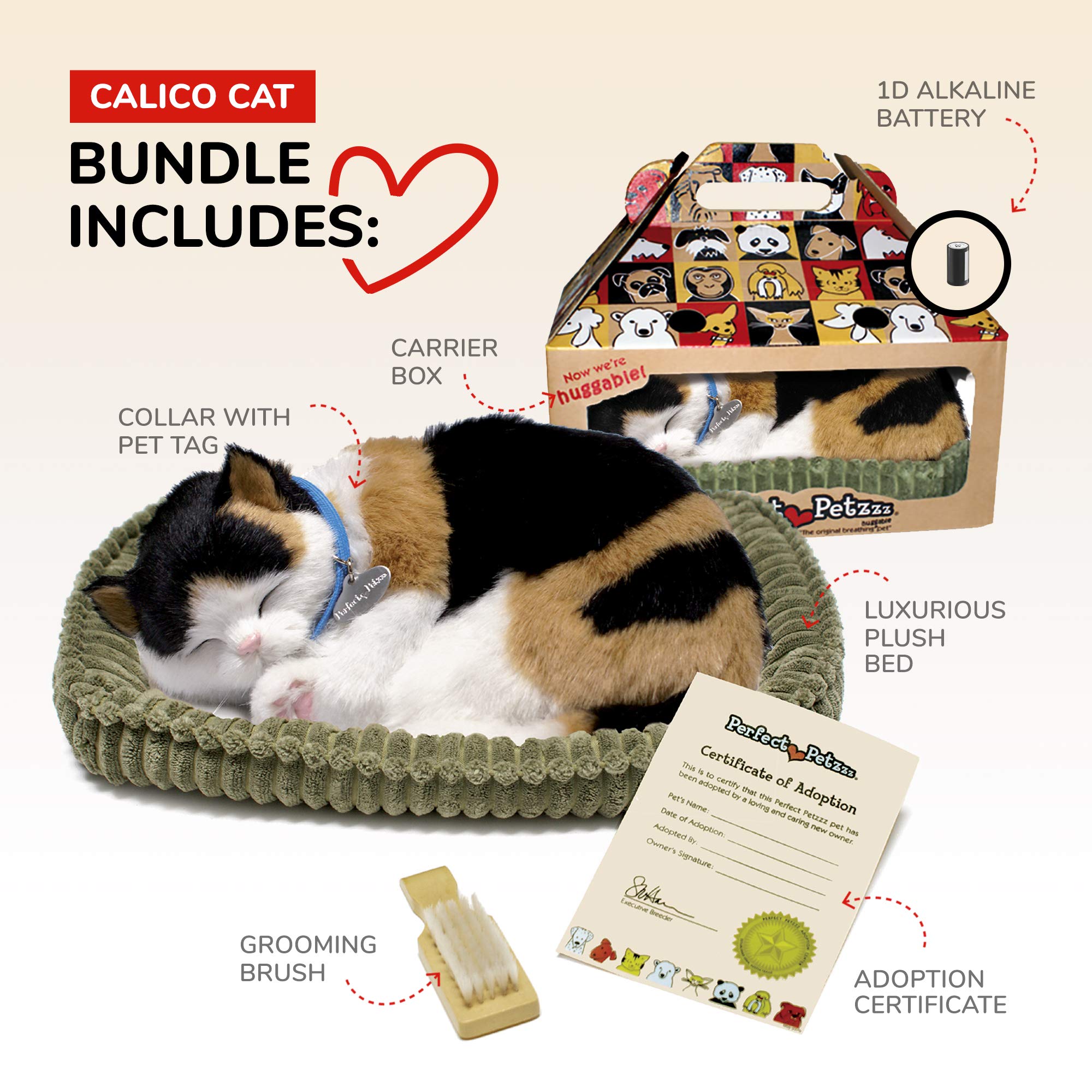 Perfect Petzzz Calico Cat with 100% synthetic fur texture for allergy-friendly play.