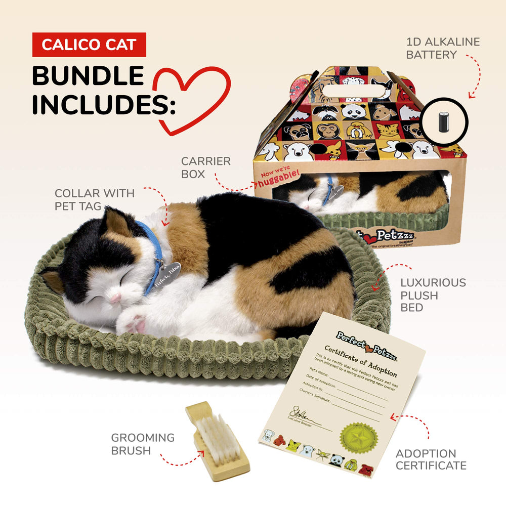Perfect Petzzz Calico Cat with 100% synthetic fur texture for allergy-friendly play.