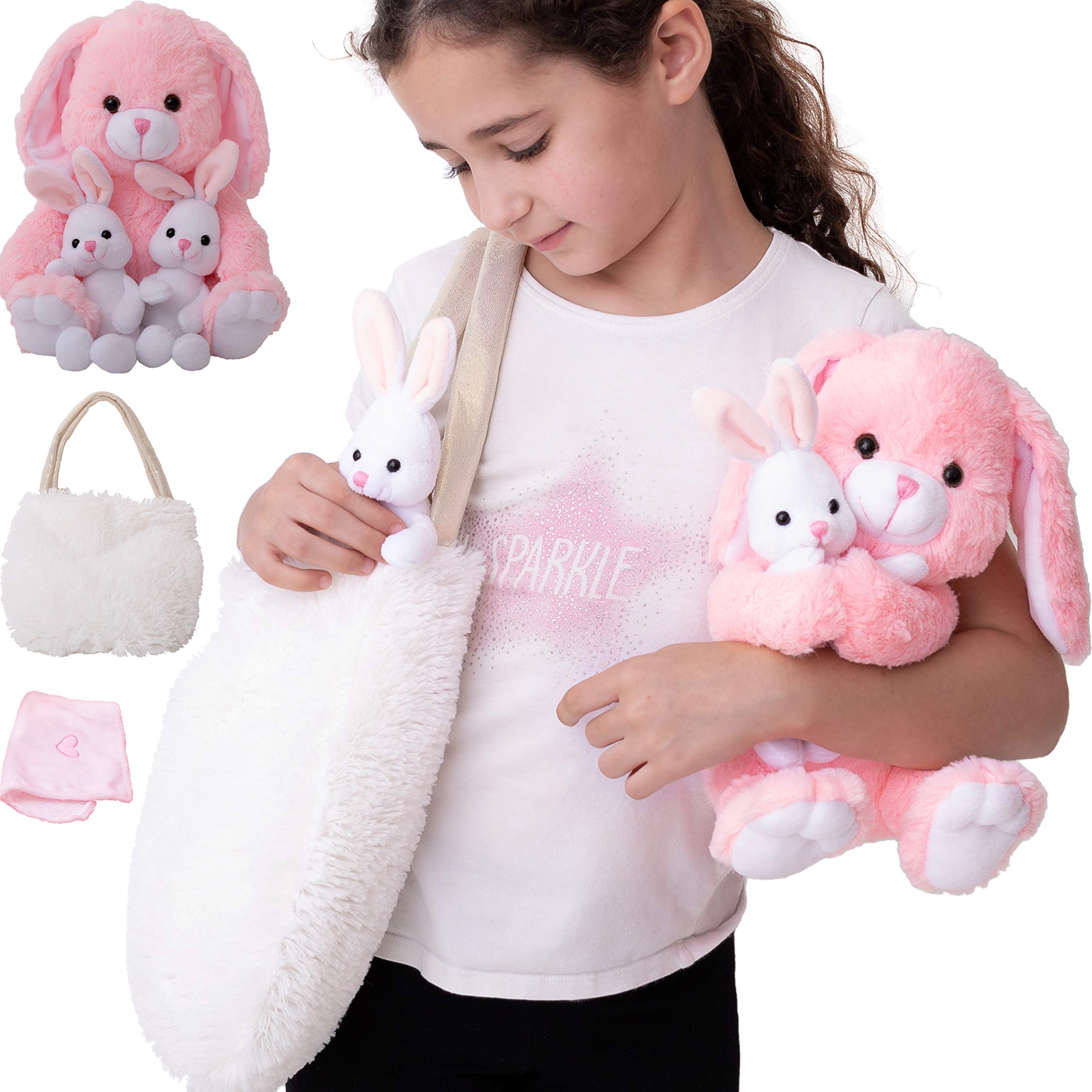 Perfectto Design mommy bunny plush in pink for imaginative play and cuddling.