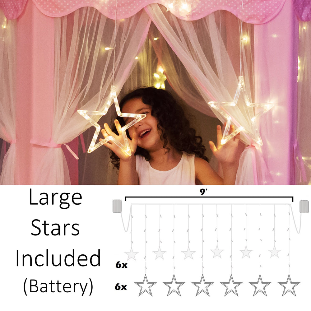 Bright star lights on the Perfectto Design princess castle tent for magical evenings