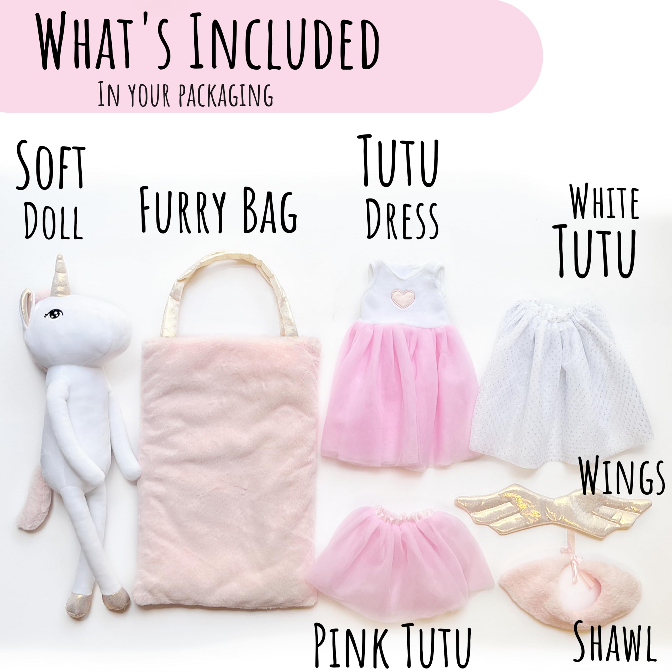 Perfectto Design Unicorn Doll with Pink Dress—ideal for dress-up and storytelling.