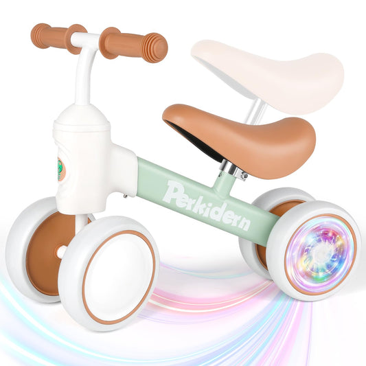 PerKidern balance bike front view with colorful lighting for indoor/outdoor play.