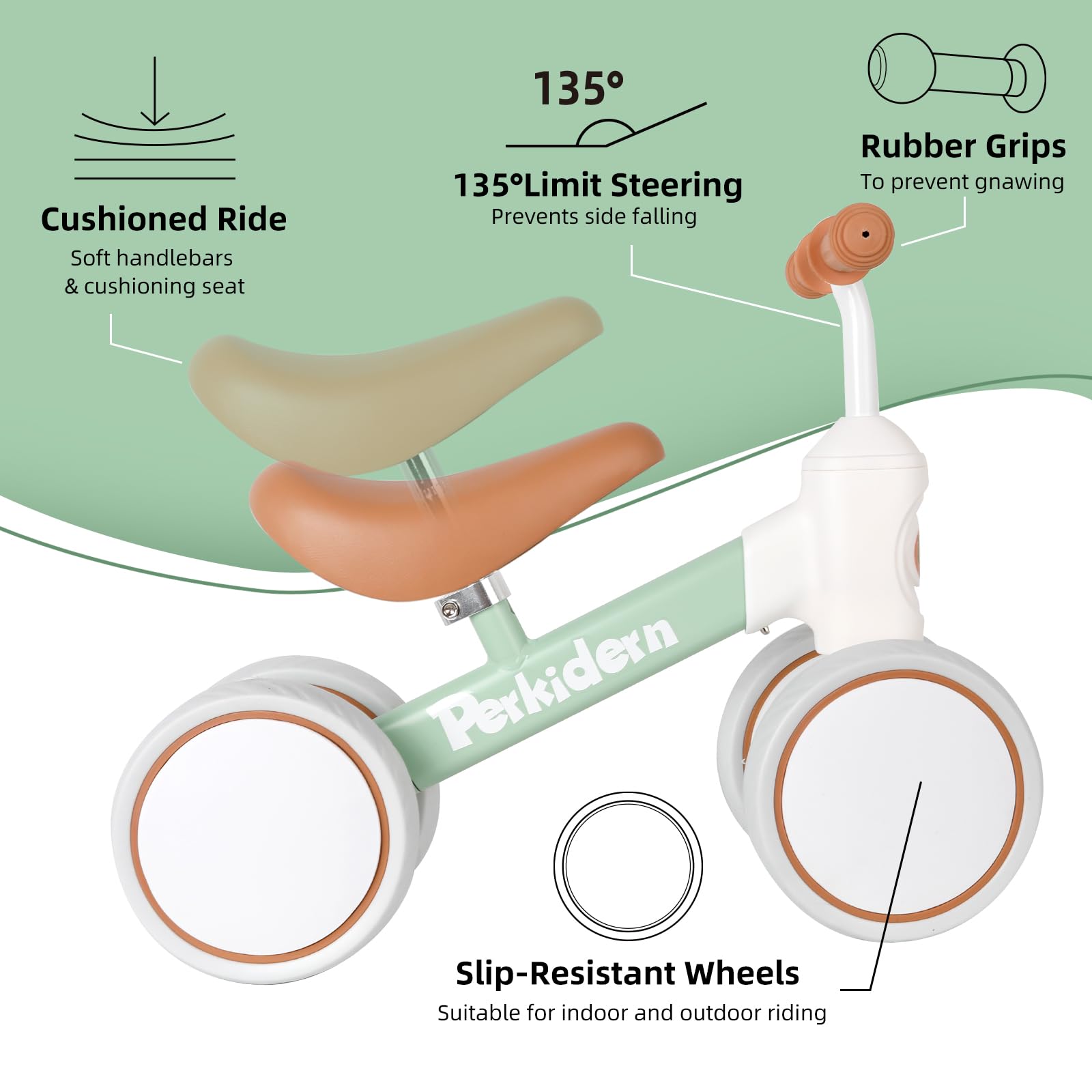 Four-wheel design from PerKidern reduces tipping risk during toddler practice.