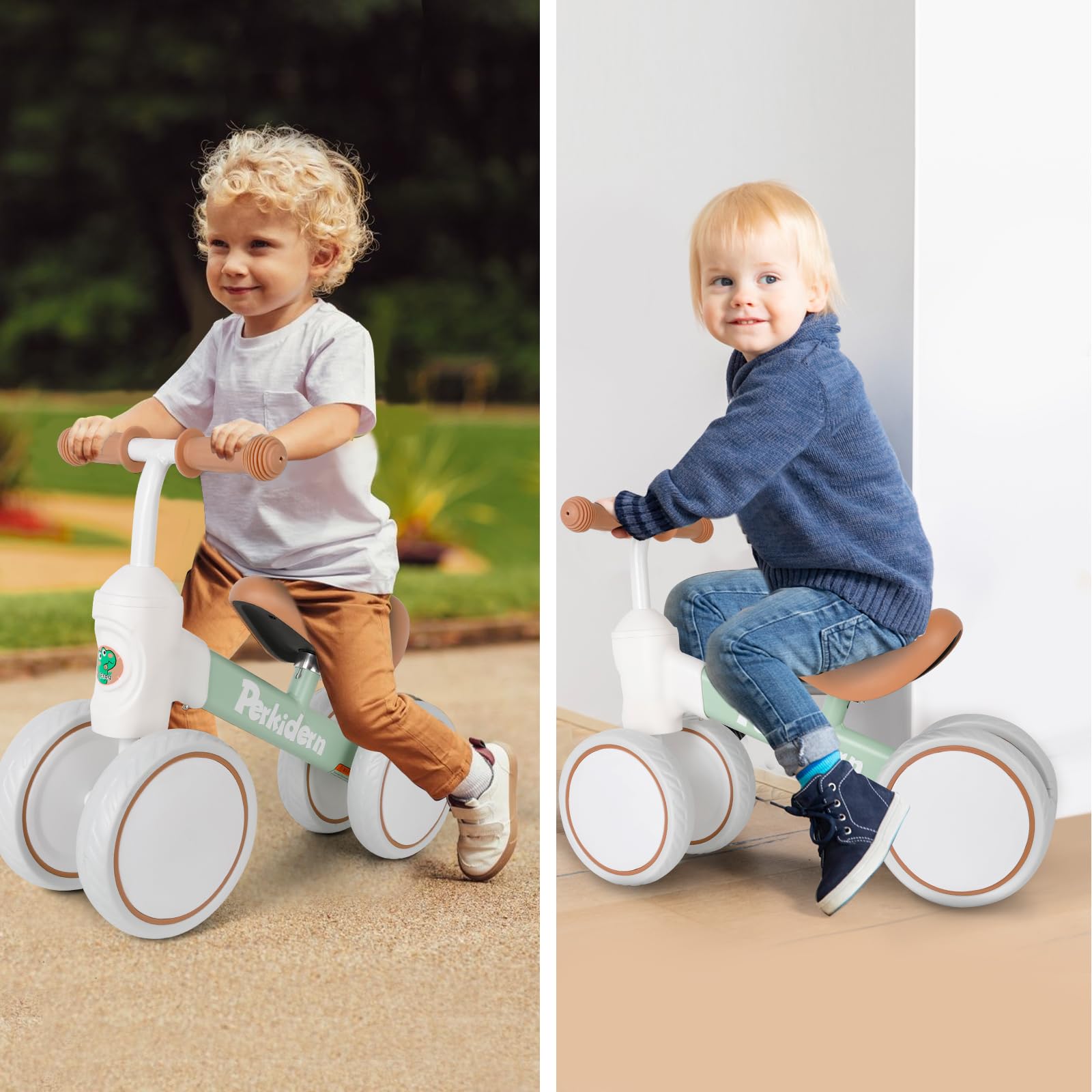 Colorful green toy bike ideal as first birthday or holiday gift.