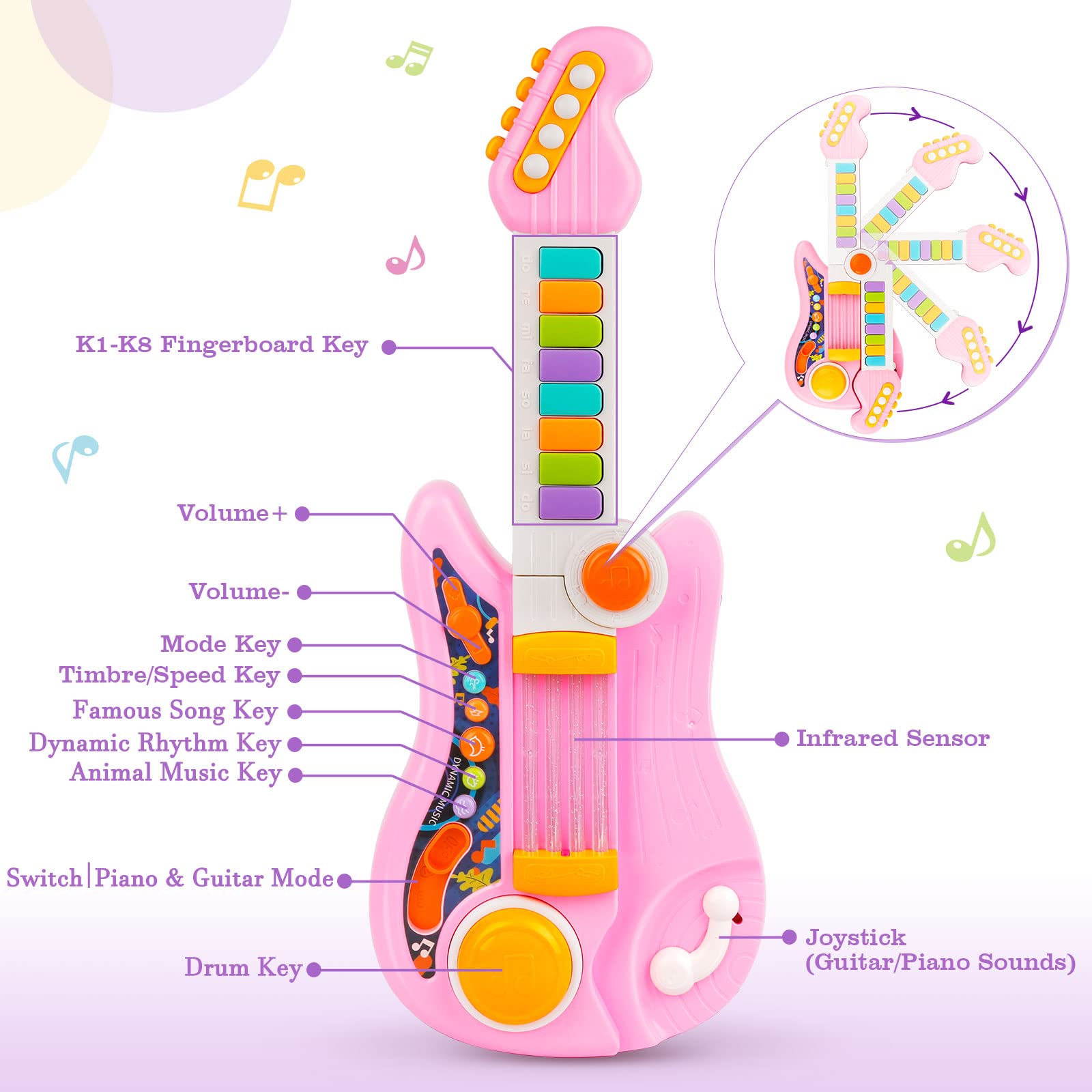 PerKidern guitar with adjustable strap enables portable play.