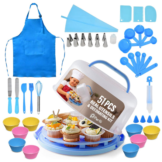 PERLLI Kids cake baking set carrier with lid keeps tools organized for on-the-go baking
