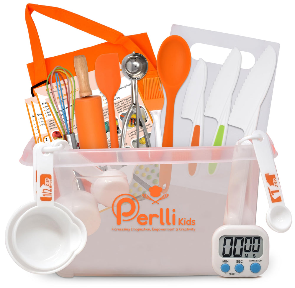 PERLLI Kids Real Cooking Set knife and board for safe hands-on learning.