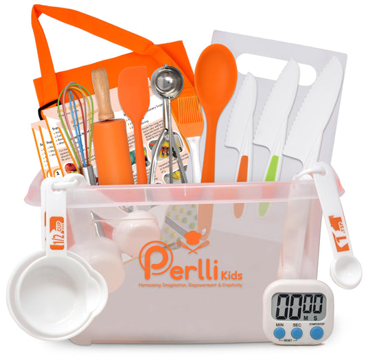 PERLLI Kids Real Cooking Set knife and board for safe hands-on learning.
