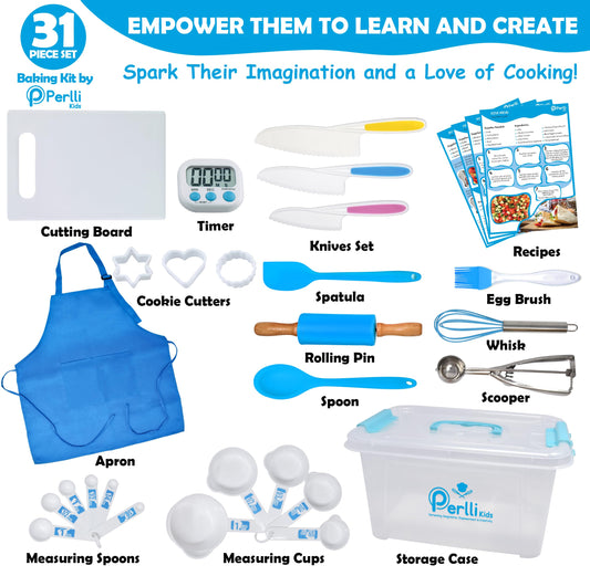 PERLLI Kids Real Cooking Set utensils with kid-friendly handles for safe use.