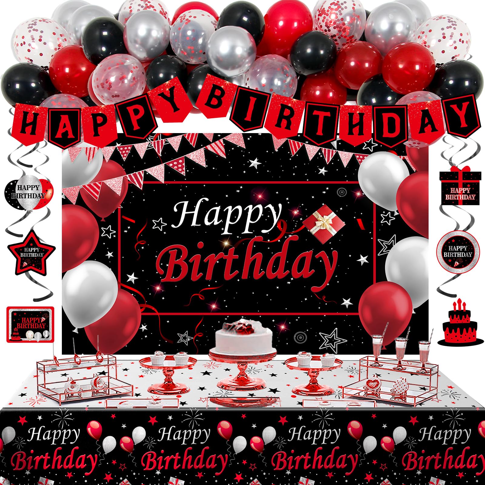 Perpetily banner and balloons set enhances birthday photos with bold black and red colors.