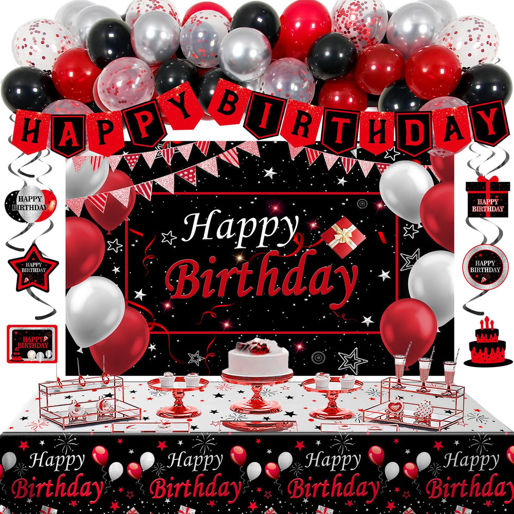 Perpetily banner and balloons set enhances birthday photos with bold black and red colors.