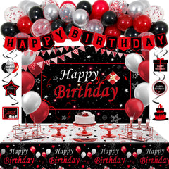 Perpetily banner and balloons set enhances birthday photos with bold black and red colors.