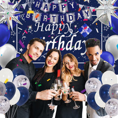 Perpetily blue confetti balloons with silver accents for a playful burst.