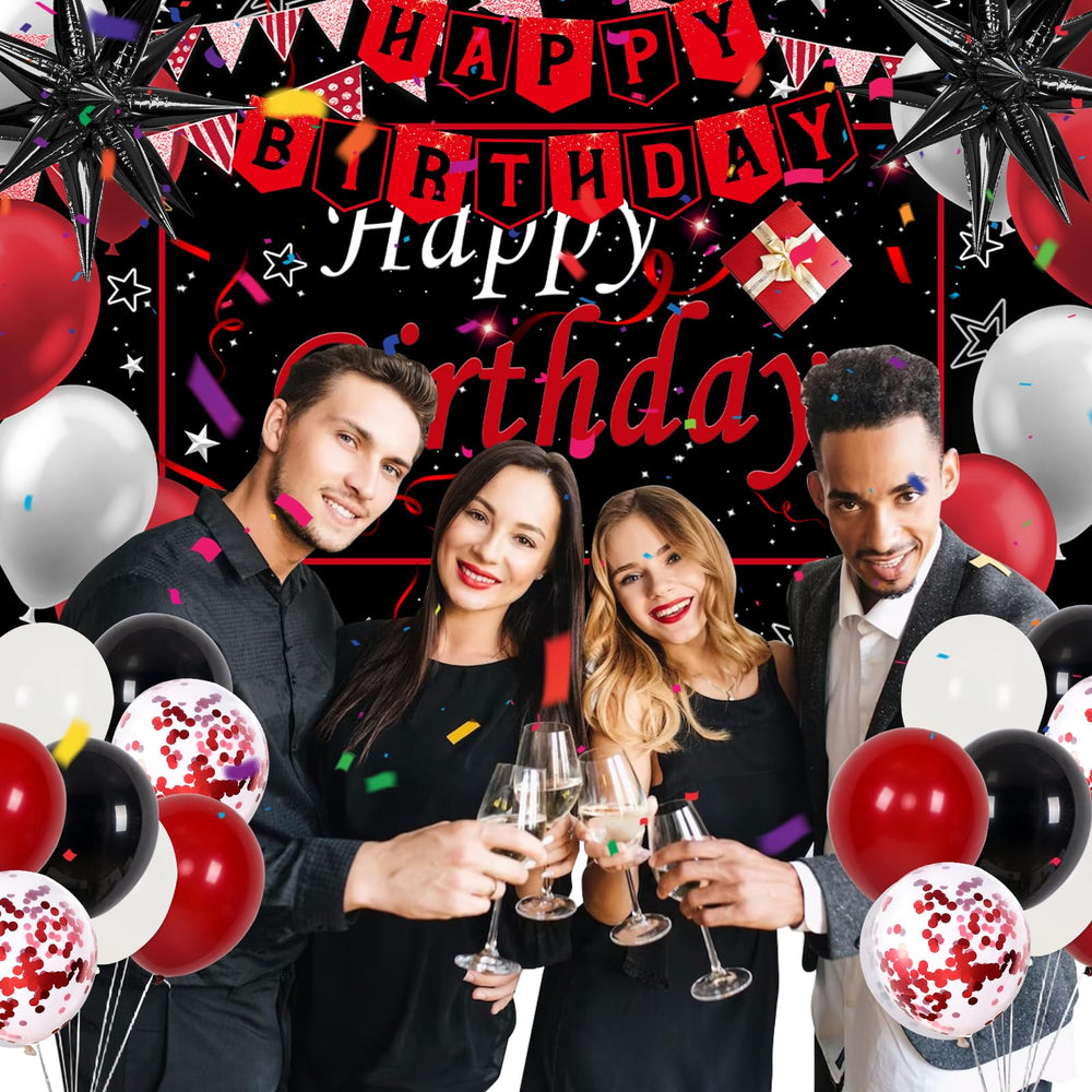 Perpetily happy birthday backdrop cloth in red and black for eye-catching photos.