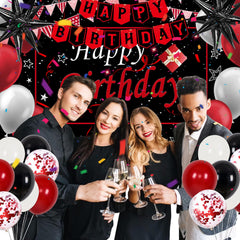 Perpetily happy birthday backdrop cloth in red and black for eye-catching photos.