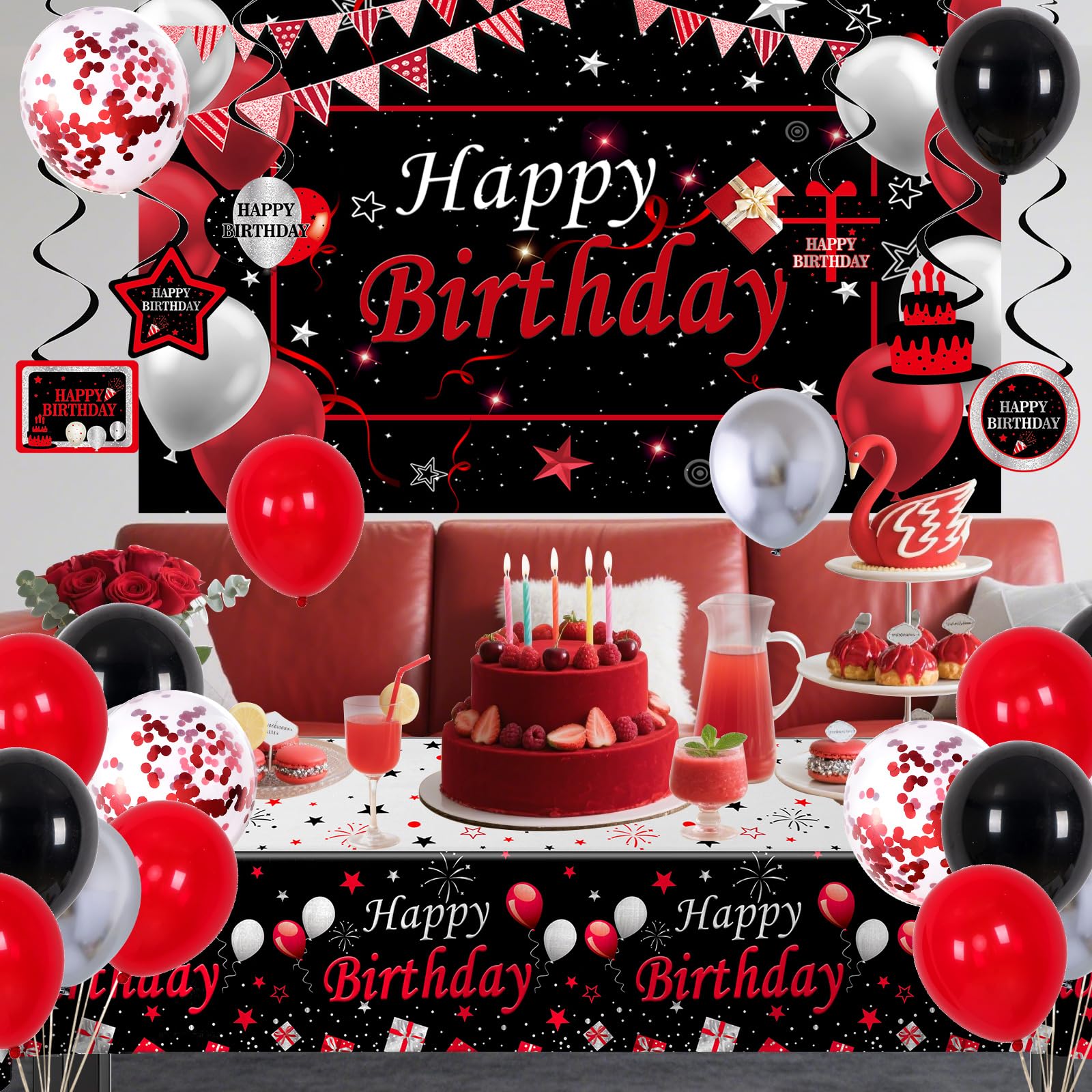 Perpetily red confetti balloons add playful texture to your birthday décor.