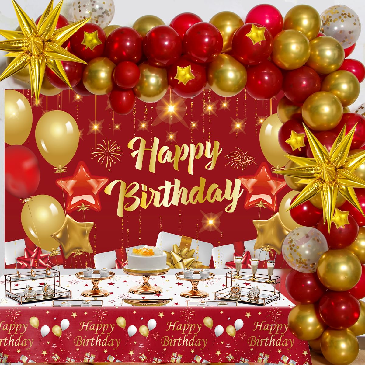 Perpetily red and gold balloon garland kit creates an eye-catching party backdrop.