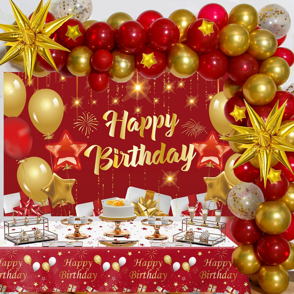 Perpetily red and gold balloon garland kit creates an eye-catching party backdrop.