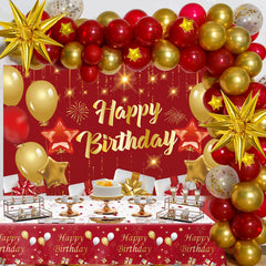 Perpetily red and gold balloon garland kit creates an eye-catching party backdrop.