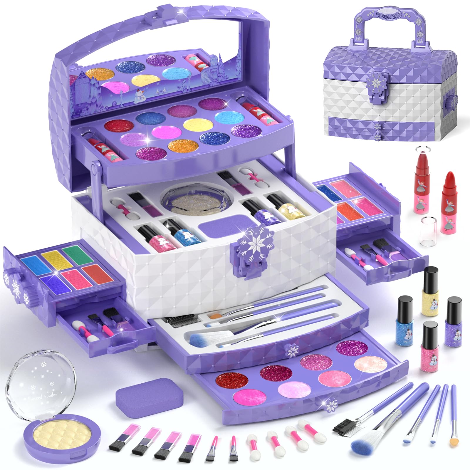 PERRYHOME 56pc kids makeup set tray for imaginative play with washable colors.