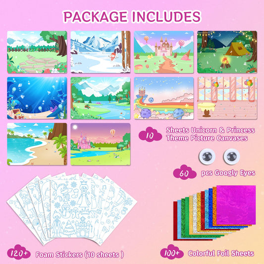 PERRYHOME princess foil art canvases for girls, colorful unicorn and fairy scenes.