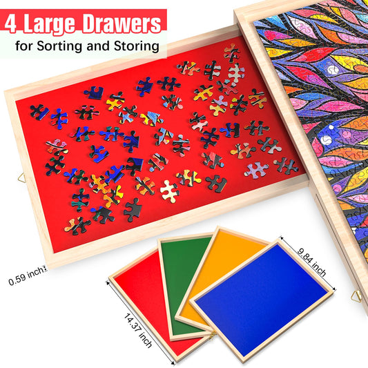 PETAZA puzzle board with color-coded drawers for organized pieces.
