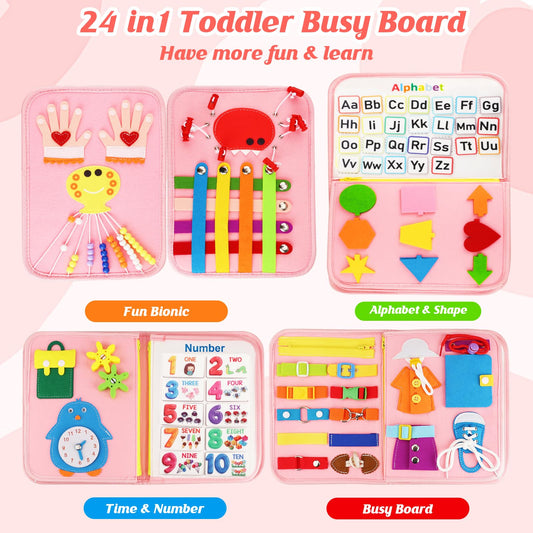 Petenjoy Busy Book pages open highlighting activity pages for toddlers