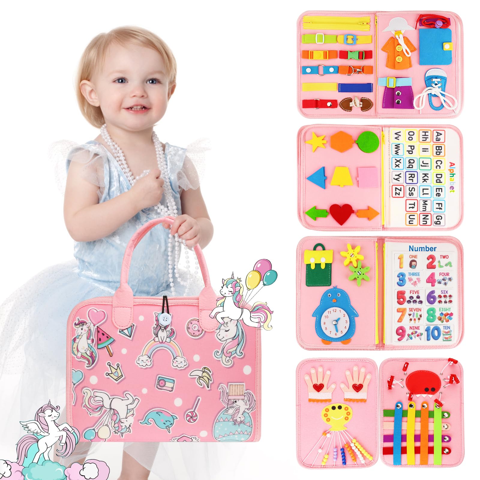 Petenjoy Montessori Busy Board front view showing hands-on learning and fine motor practice
