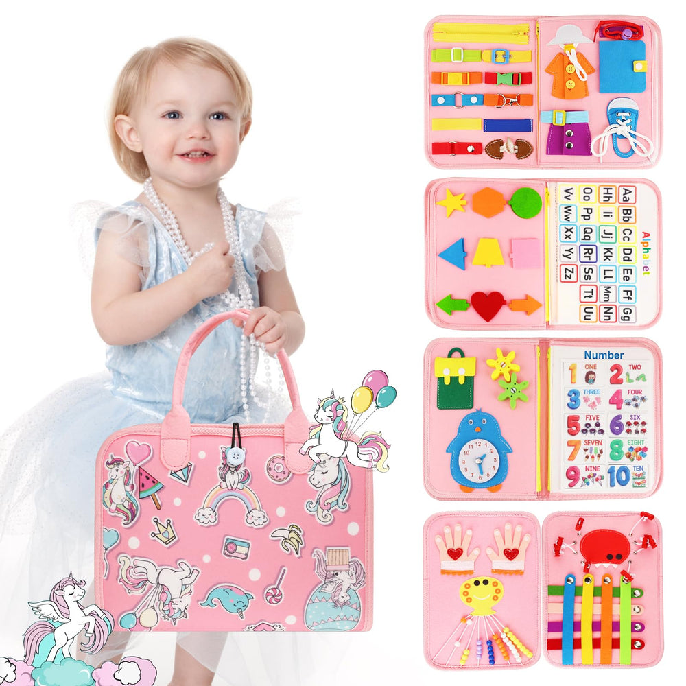 Petenjoy Montessori Busy Board front view showing hands-on learning and fine motor practice