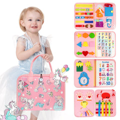 Petenjoy Montessori Busy Board front view showing hands-on learning and fine motor practice