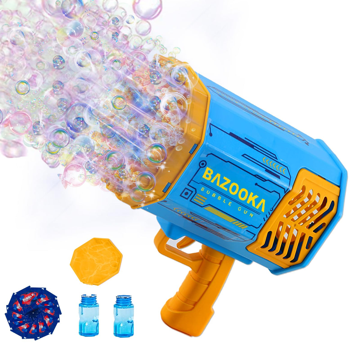 Petrella Bubble Gun 69-hole action for big outdoor bubble play.