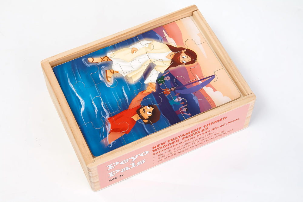 Peyo Pals Bible Puzzles: Box and pieces shown for quick setup.