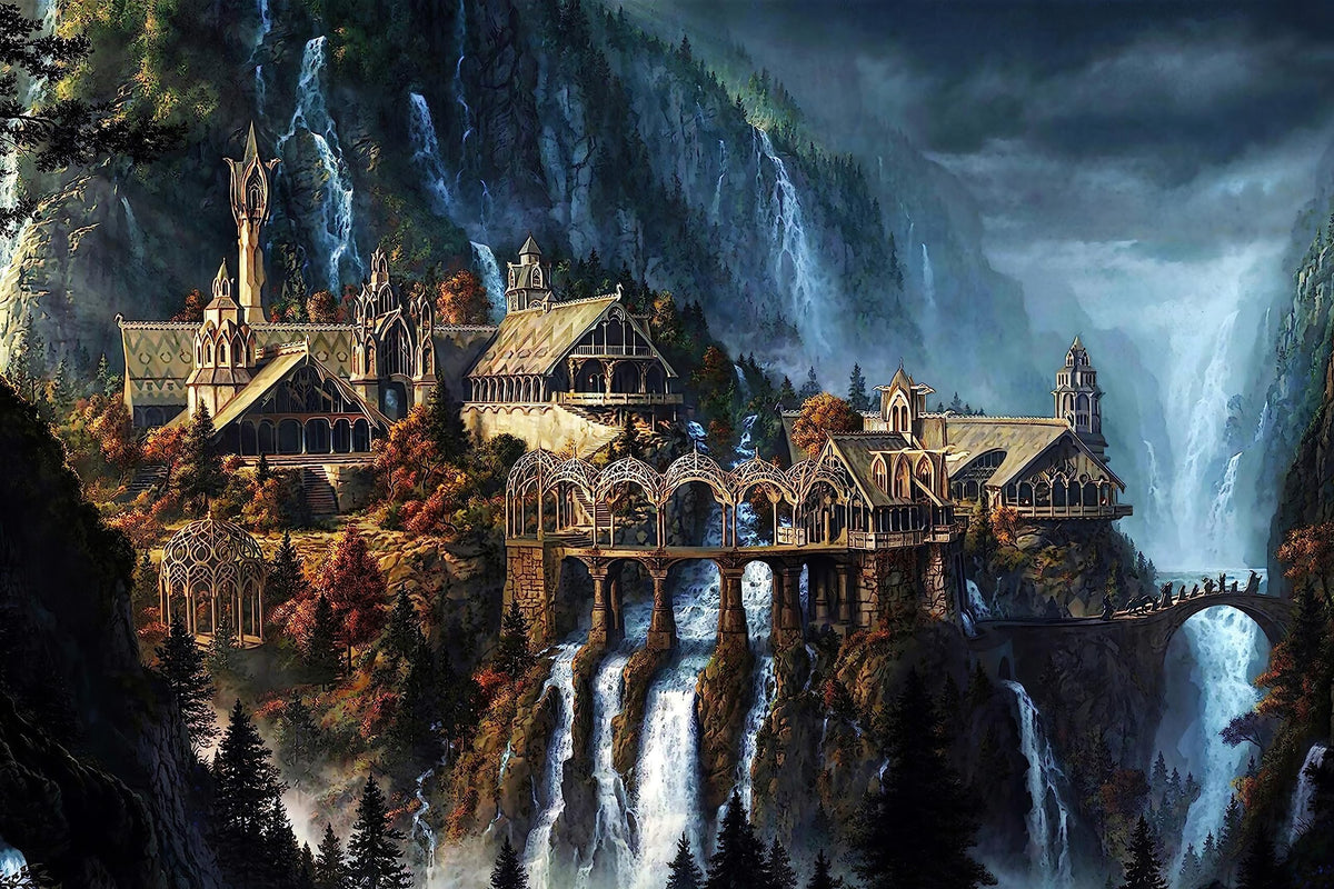 Phinli Lord of the Rings Waterfall Town front view puzzle artwork for immersive solving.