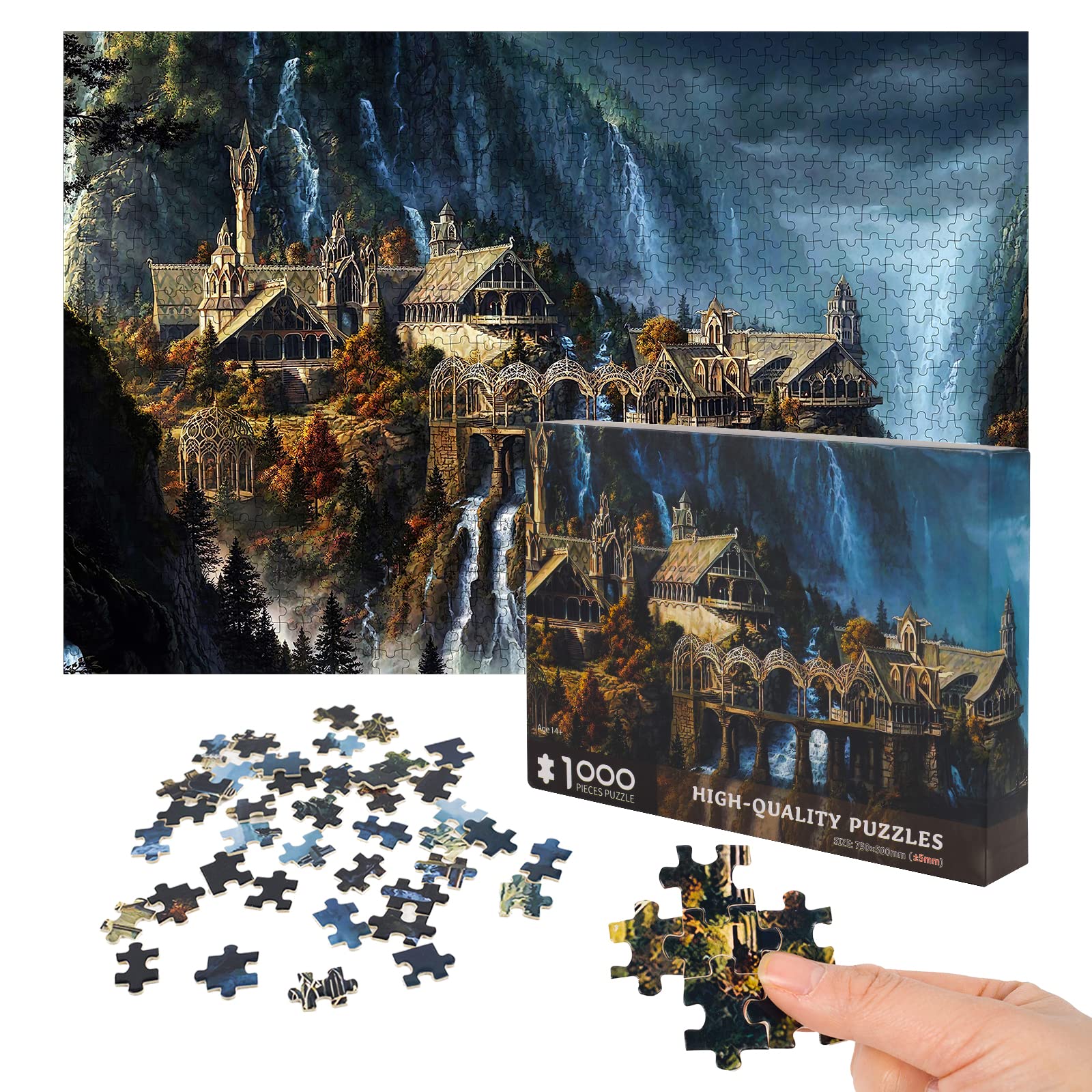 Phinli Lord of the Rings Waterfall Town puzzle poster provides a 1:1 reference for layout.