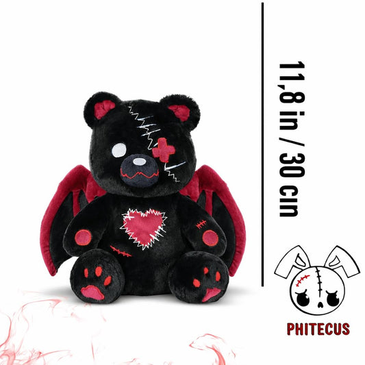PHITECUS Gothic Bear Plush close-up of heart stitches for brave, edgy charm.