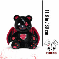 PHITECUS Gothic Bear Plush close-up of heart stitches for brave, edgy charm.