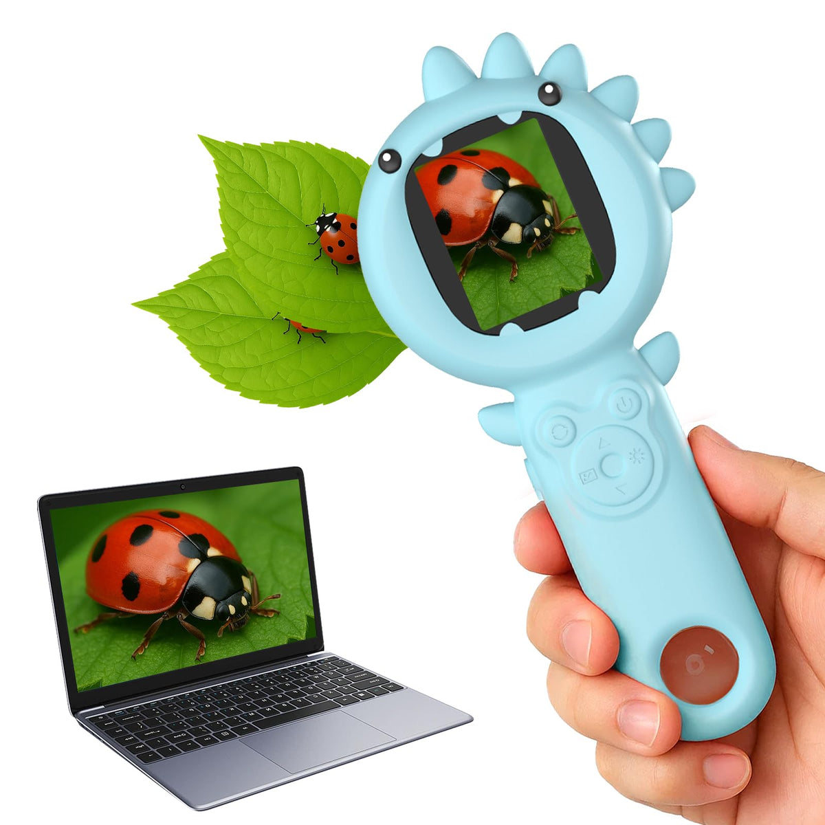 PHNIXGAM 2-in-1 microscope for kids with blue dinosaur design for close-up exploration.
