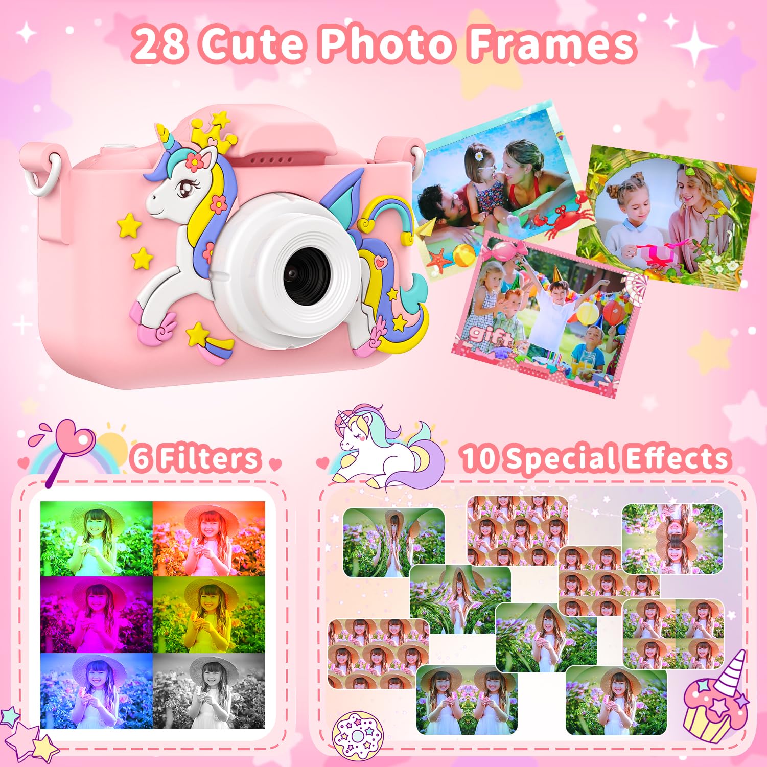 PHNIXGAM Pink Unicorn Kids Camera includes 32GB memory card
