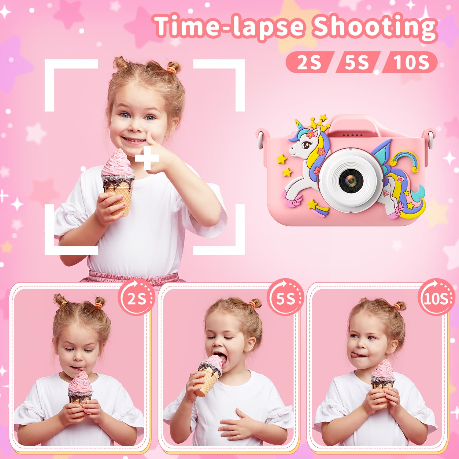PHNIXGAM Pink Unicorn Kids Camera in use during playtime