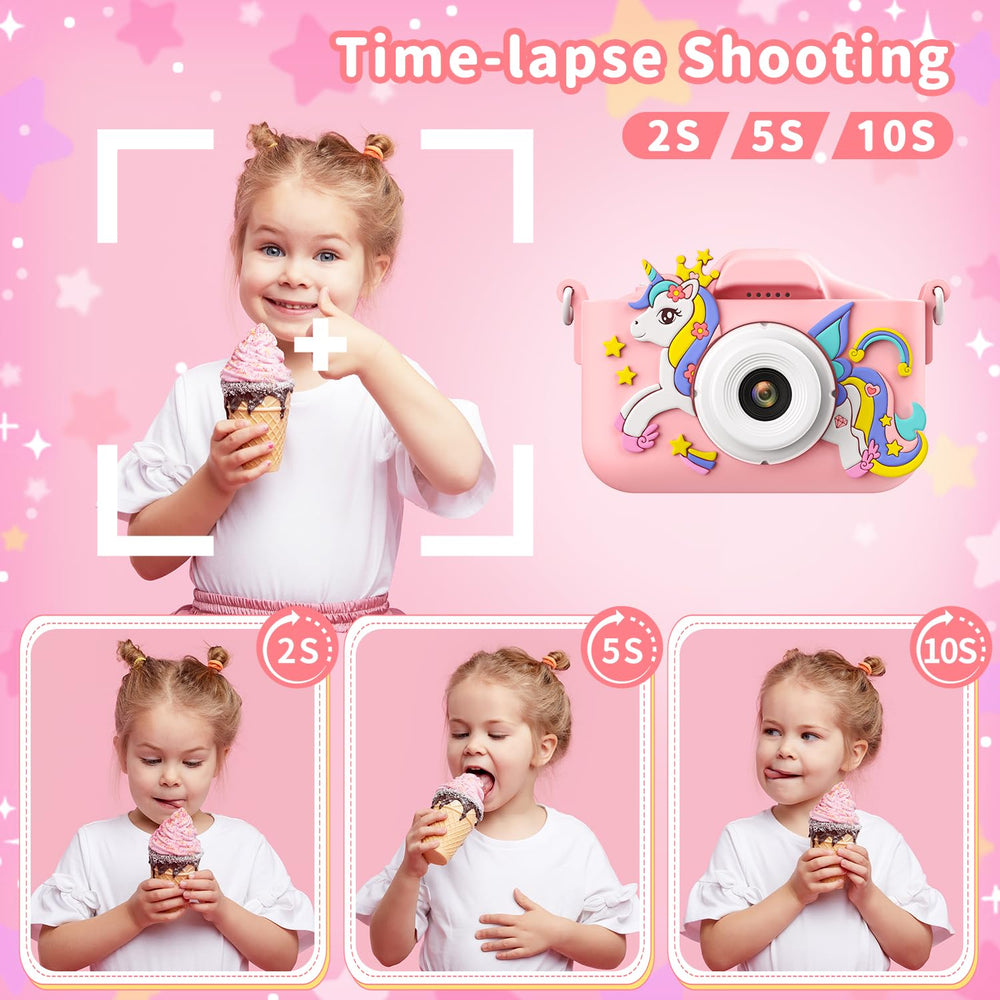 PHNIXGAM Pink Unicorn Kids Camera in use during playtime