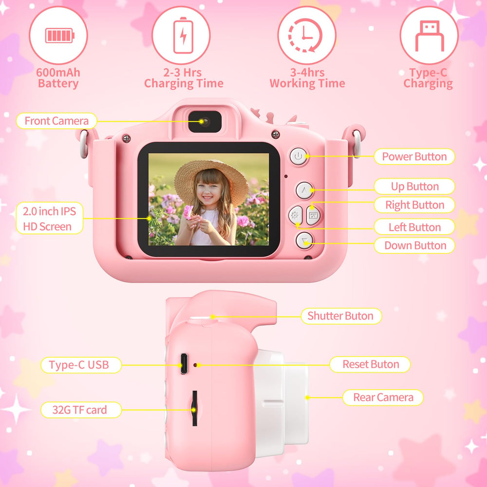 PHNIXGAM Pink Unicorn Kids Camera 1080P video recording in action