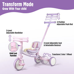 Phobby tricycle includes foldable pedals for push mode.